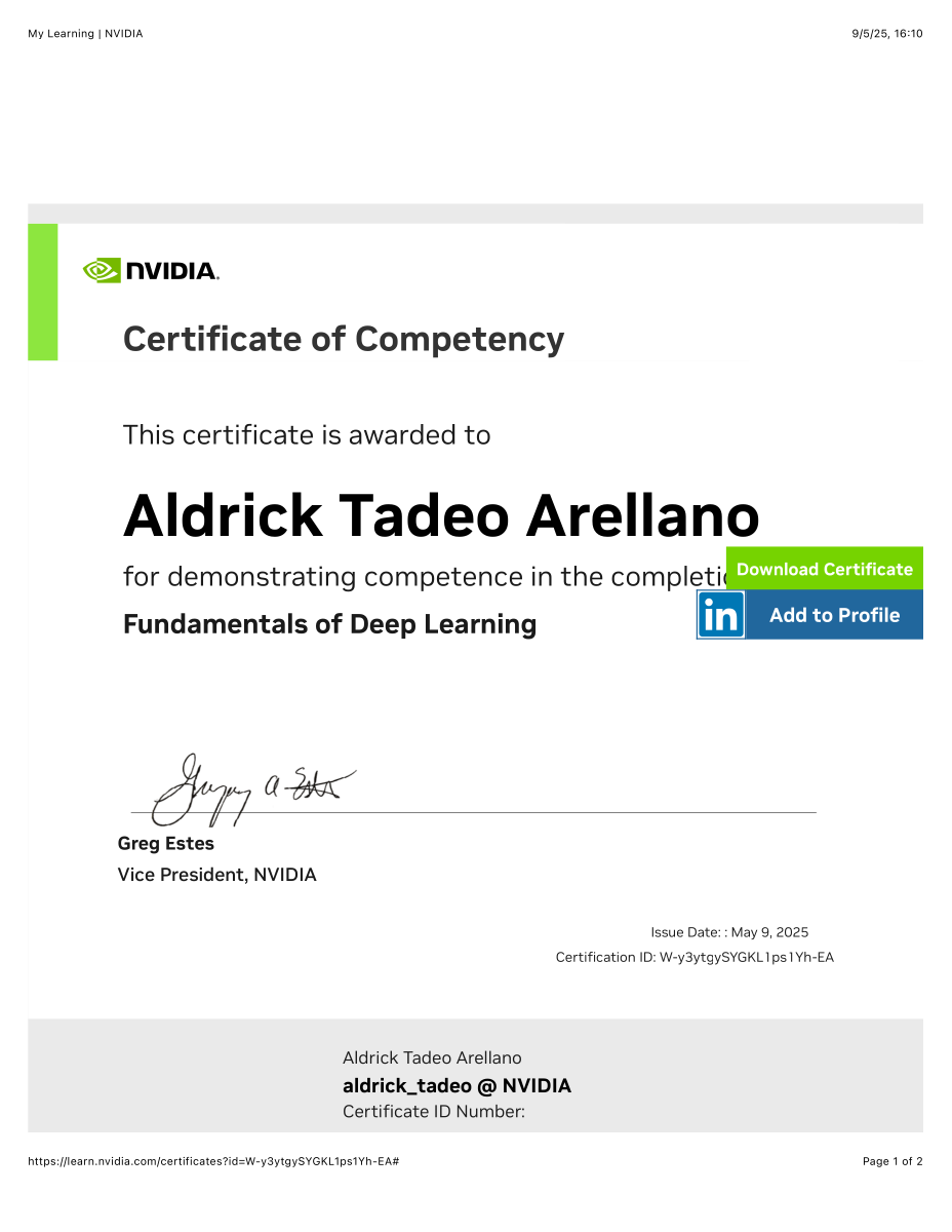NVIDIA Certificate of Competency for Fundamentals of Deep Learning awarded to Aldrick Tadeo Arellano.