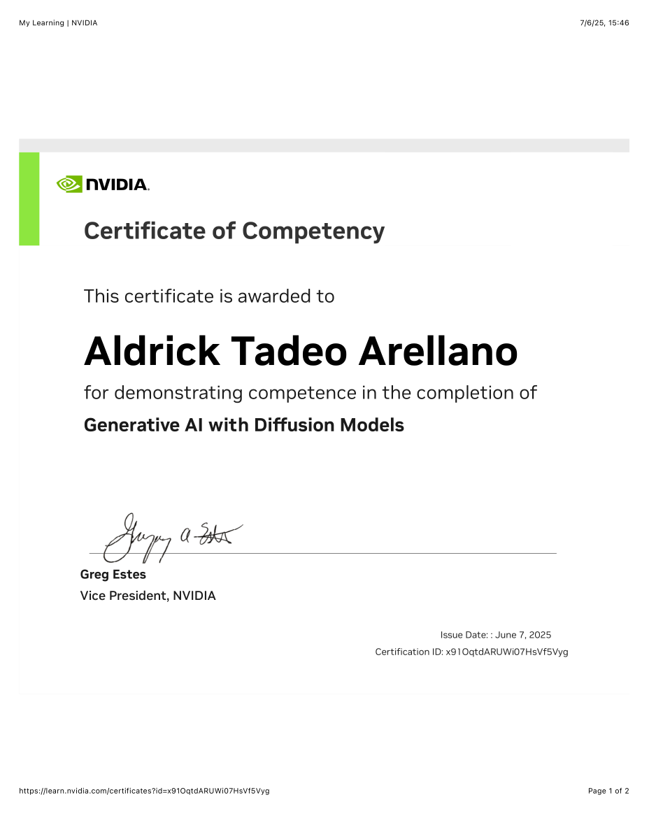 NVIDIA Certificate of Competency for Generative AI with Diffusion Models awarded to Aldrick Tadeo Arellano.
