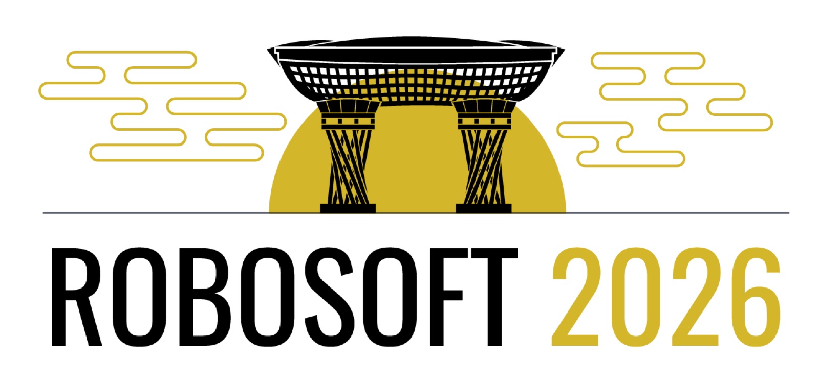RoboSoft 2026 conference logo with a stylized bridge and black-and-gold lettering.