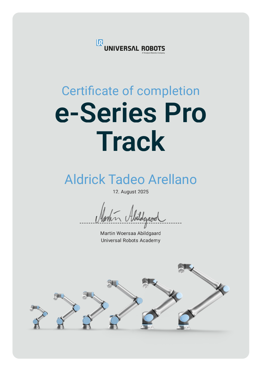 Universal Robots e-Series Pro Track certificate of completion for Aldrick Tadeo Arellano.